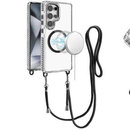 For Samsung Galaxy S24 Ultra Clear Magnetic Frame PC Back Shockproof Protective Case with Detachable Lanyard Strap, Compatible with MagSafe Case Cover
