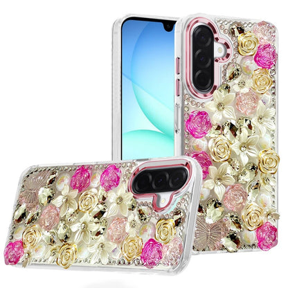 For Samsung Galaxy A17 5G 3D Diamond Floral Roses Flower Bling Stone Hybrid, Sparkly Rhinestone Gemstone Back Shockproof Case Cover