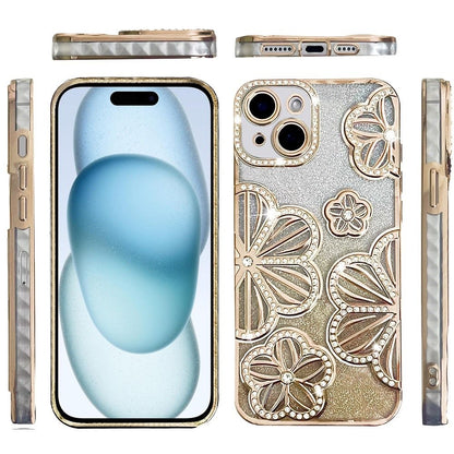 For Apple iPhone XR Luxury Floral Design Sparkle Glitter Diamond Crystal Rhinestone Shimmer Bling Plating Thick TPU Hard PC Case Cover