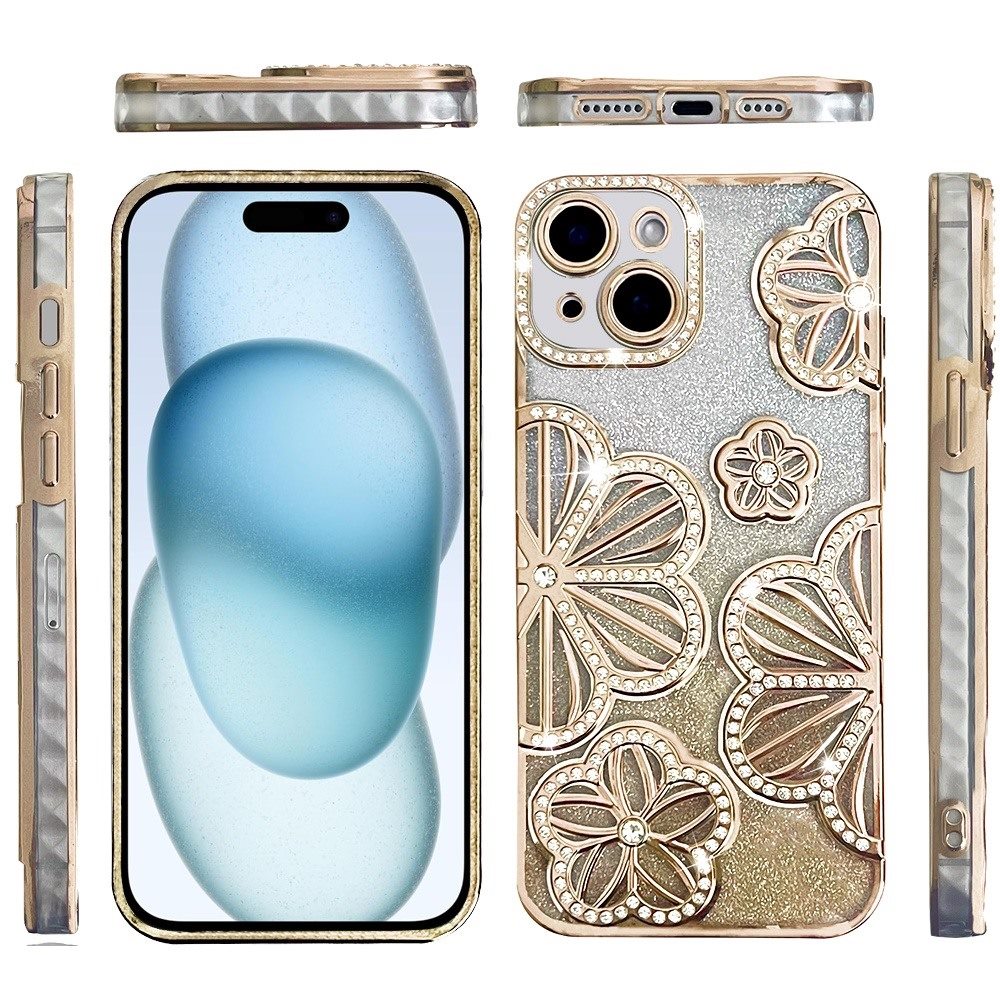 For Apple iPhone 15 /6.1" Luxury Floral Design Sparkle Glitter Diamond Crystal Rhinestone Shimmer Bling Plating Thick TPU Hard PC Case Cover