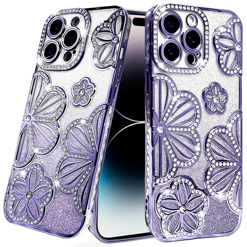 For Apple iPhone XR Luxury Floral Design Sparkle Glitter Diamond Crystal Rhinestone Shimmer Bling Plating Thick TPU Hard PC Case Cover