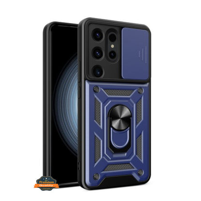 For Gabb Phone 4 Pro Hybrid Shockproof, Built-in Sliding Camera Lens Protection with Magnetic Finger Ring Stand Holder Case Cover Blue