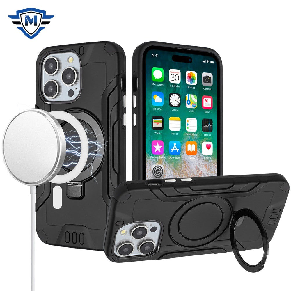 For Apple iPhone 15 /6.1" Brushed Armor Rugged Hybrid with Invisible Magnetic Circle Kickstand Shockproof Hard PC Protective Case Cover -