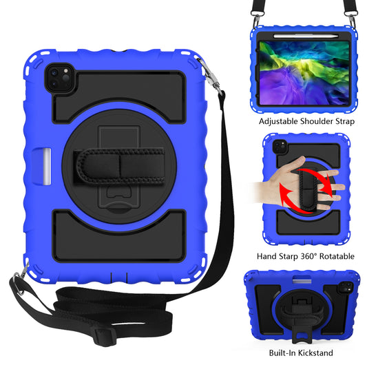 For Hybrid 3in1 Armor Rugged with Built-in Kickstand 360° Rotatable Stand & Shoulder Hand Strap Corner Shockproof Blue Tablet Case Cover