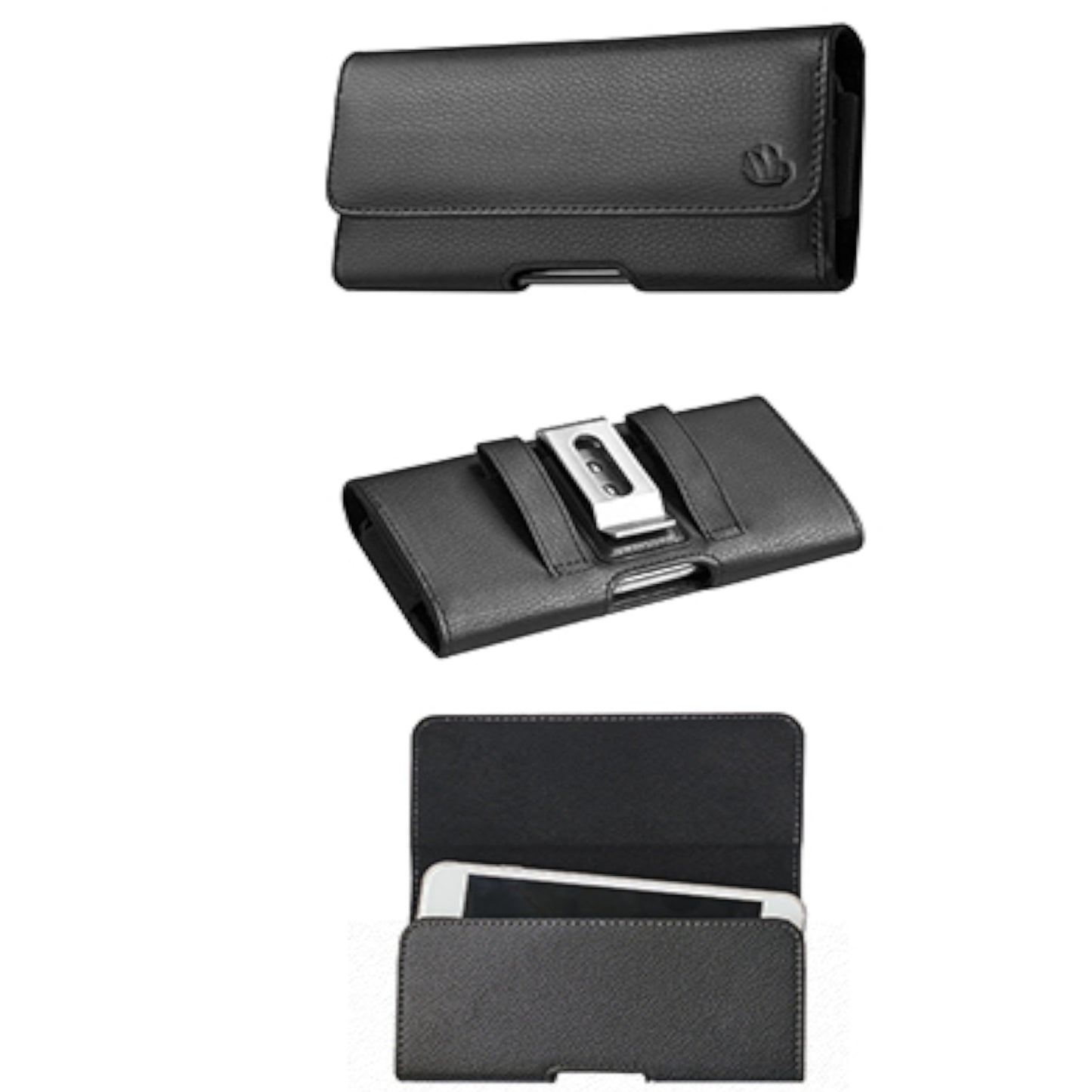 For Apple iPhone 16 (6.1") Universal PU Leather Horizontal Phone Pouch Holder Carrying Case With Fixed Belt Clip Holder, Magnetic Closure [Black]