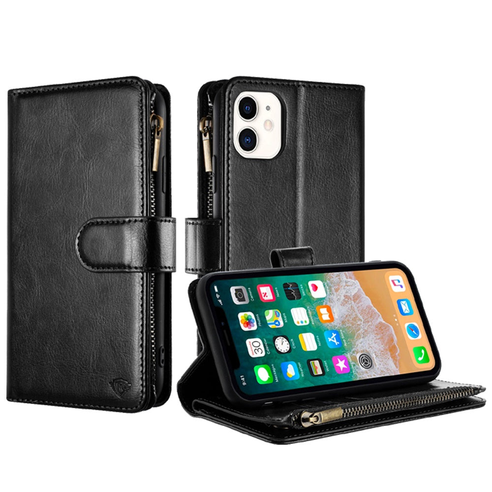 For Apple iPhone 16 Pro (6.3") Premium Leather Zipper Wallet with Credit Card Slots Money Pocket Luxury Clutch Pouch Stand & Strap Case Cover Black