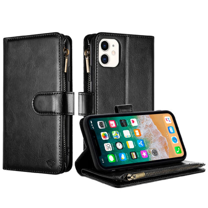 For Apple iPhone 16 Pro (6.3") Premium Leather Zipper Wallet with Credit Card Slots Money Pocket Luxury Clutch Pouch Stand & Strap Case Cover Black