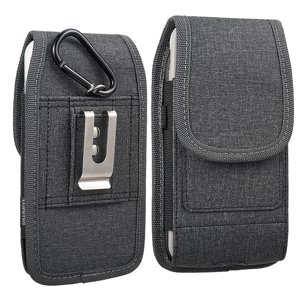 For Apple iPhone 16 (6.1") Universal Vertical Fabric Case Holster with Dual Credit Card Slots, Belt Loop & Carabiner Carrying Phone Pouch [Black]