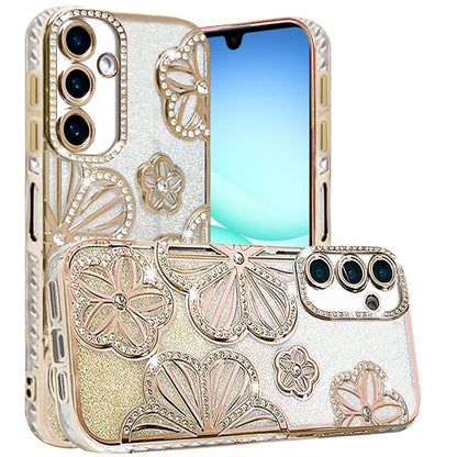 For Samsung Galaxy A17 5G Luxury Flower Design Sparkle Glitter Diamond Rhinestone Shimmer Bling Plating Thick TPU Hard PC Case Cover
