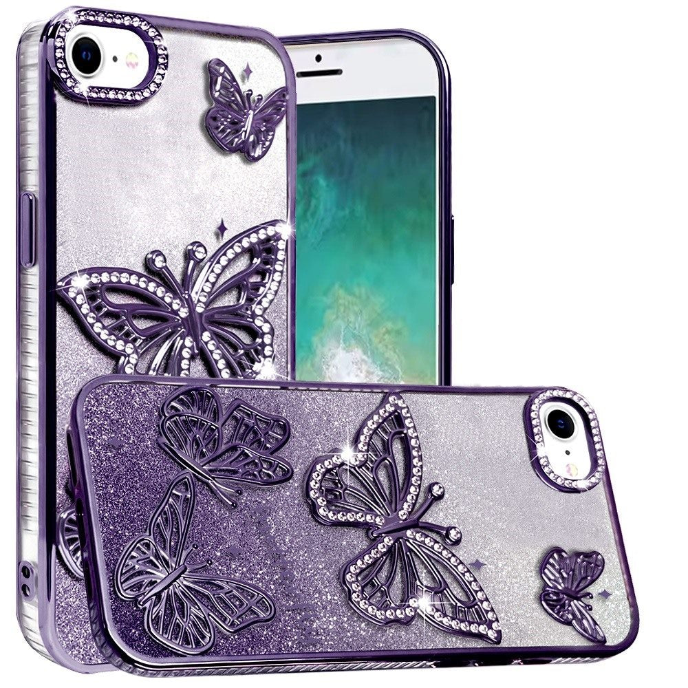 For Apple iPhone 16e Luxury Butterfly Sparkle Glitter Diamond Crystal Rhinestone Shimmer Bling Plating Thick TPU Hard PC Case Cover