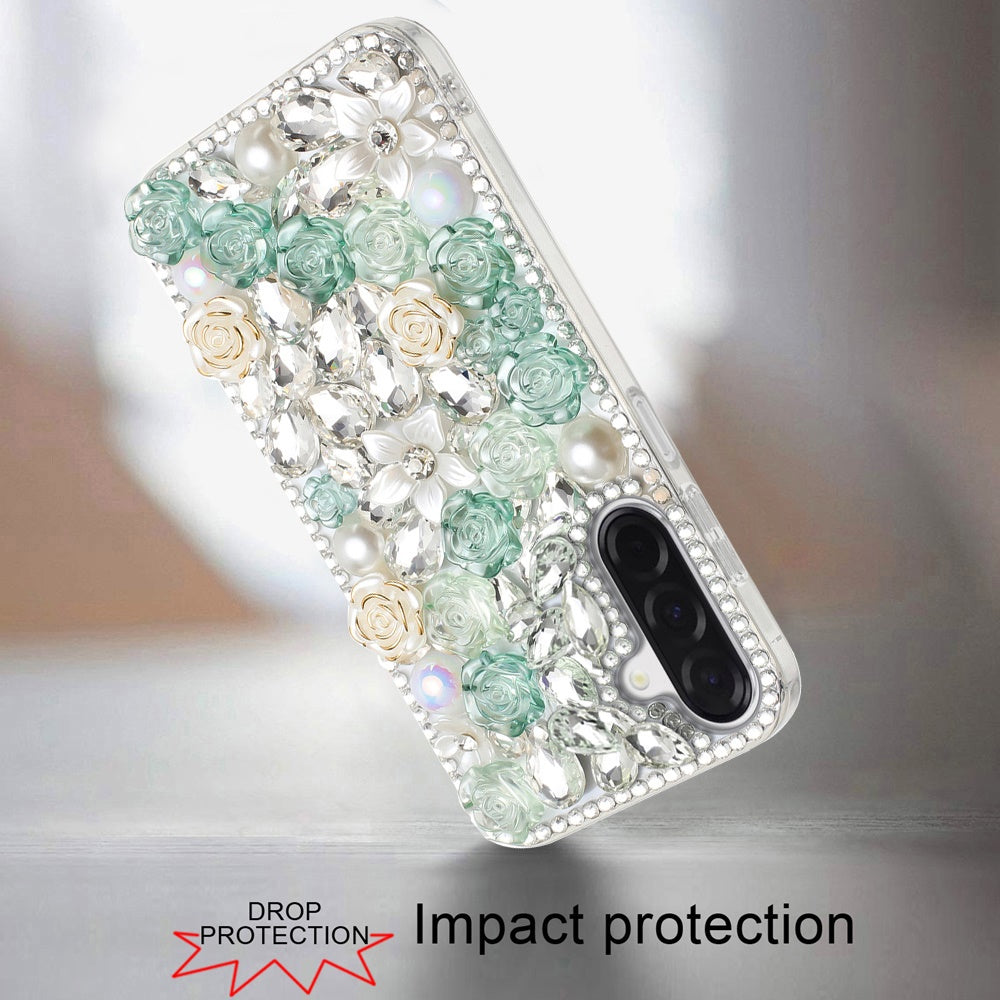 For Samsung Galaxy S25 Fan Edition /Galaxy S25 FE Fashion Rose Flower Floral Bling Crystal 3D Full Diamonds Pearl Sparkle Rhinestone Glitter Hybrid Case Cover