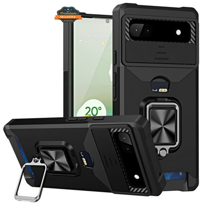 For Google Pixel 10 /Pixel 10 Pro Wallet Case with Slide Camera Protector, Credit Card Slot, Ring Sand, Magnetic Car Mount Case Cover