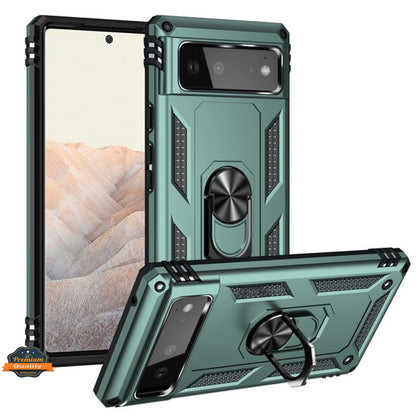 For Google Pixel 6A Shockproof Hybrid Dual Layer PC + TPU with Ring Stand Metal Kickstand Heavy Duty Armor Shell Case Cover