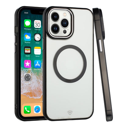 For Apple iPhone 15 Plus Transparent Back Hybrid Case - Magnetic Circle, Color Frame, Metal Buttons, MagSafe Compatible Case Cover Black