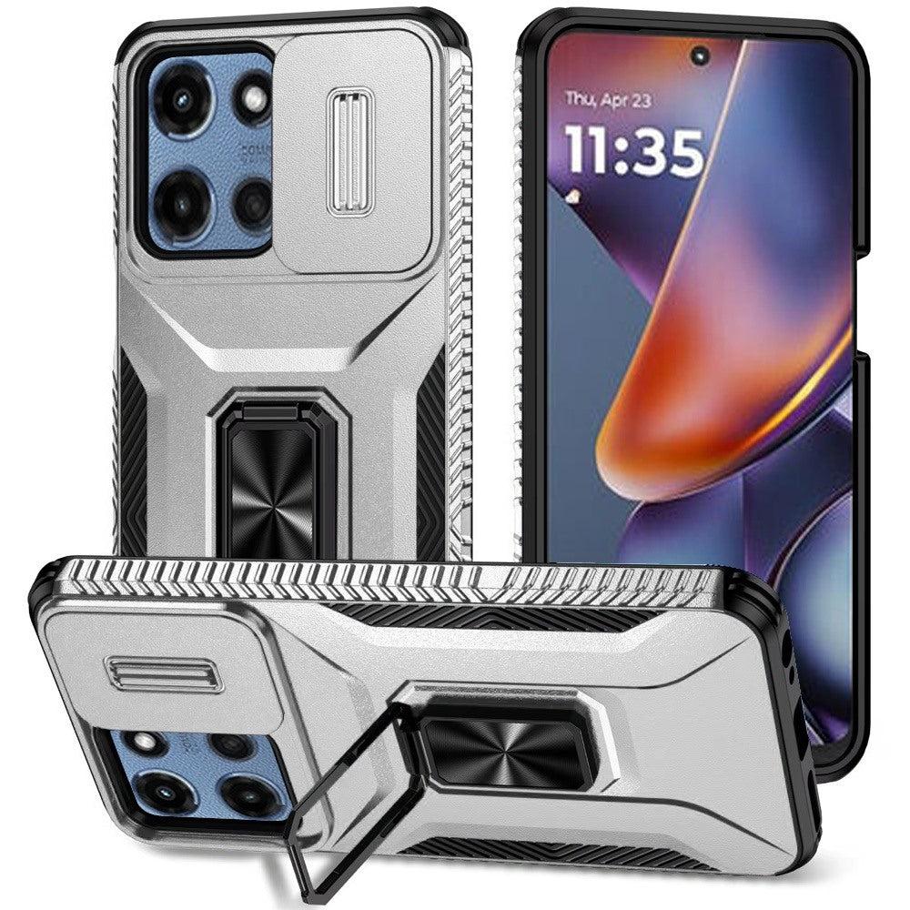 For Motorola Moto G Stylus 5G 2025 Case, Camera Cover with Magnetic Rotation Ring Stand, Military Grade Hybrid Hard TPU Shockproof Case Cover Silver