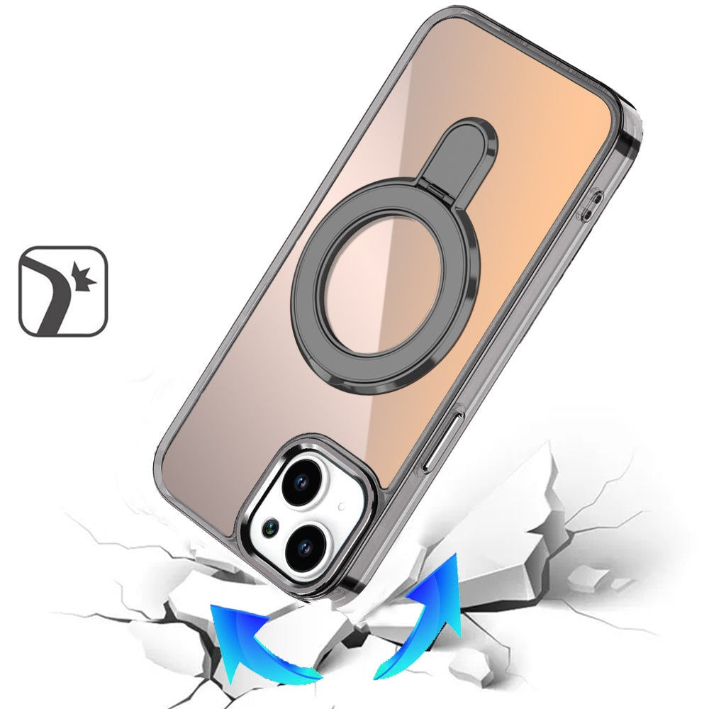 For Apple iPhone 15 Plus /14 Plus Chrome Hybrid with Rotating Magnetic Circle Ring Stand, Slim Shockproof Hybrid Case Cover