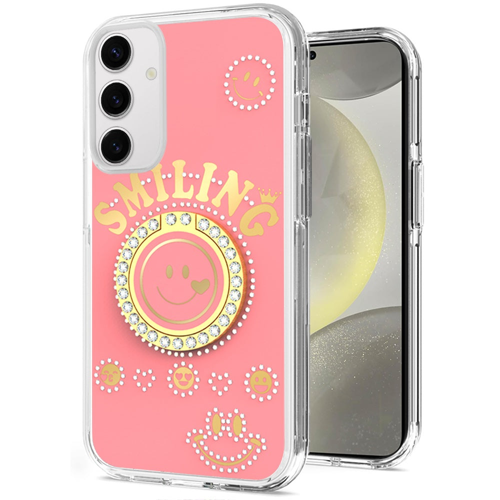 For Samsung Galaxy S25+ /S25 Plus /S24+ Plus Smiling Glitter Ornament Bling Sparkle with Ring Stand Hybrid Slim TPU + Hard Back Shell Case Cover