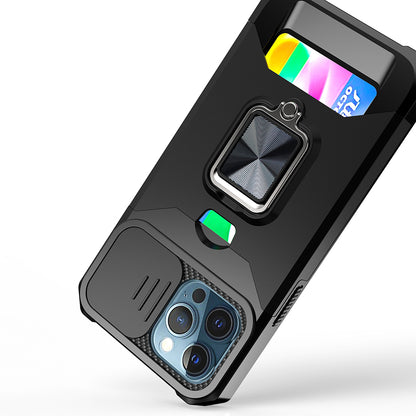 For Apple iPhone 16e Wallet Case with Ring Stand & Slide Camera Cover Back Credit Card Slot Holder, Military Grade Case Cover Purple