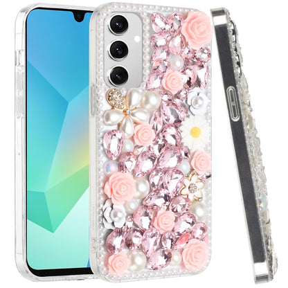 For Samsung Galaxy A16 5G Fashion Rose Flower Floral Bling Crystal 3D Full Diamonds Pearl Sparkle Rhinestone Glitter Hybrid Case Cover