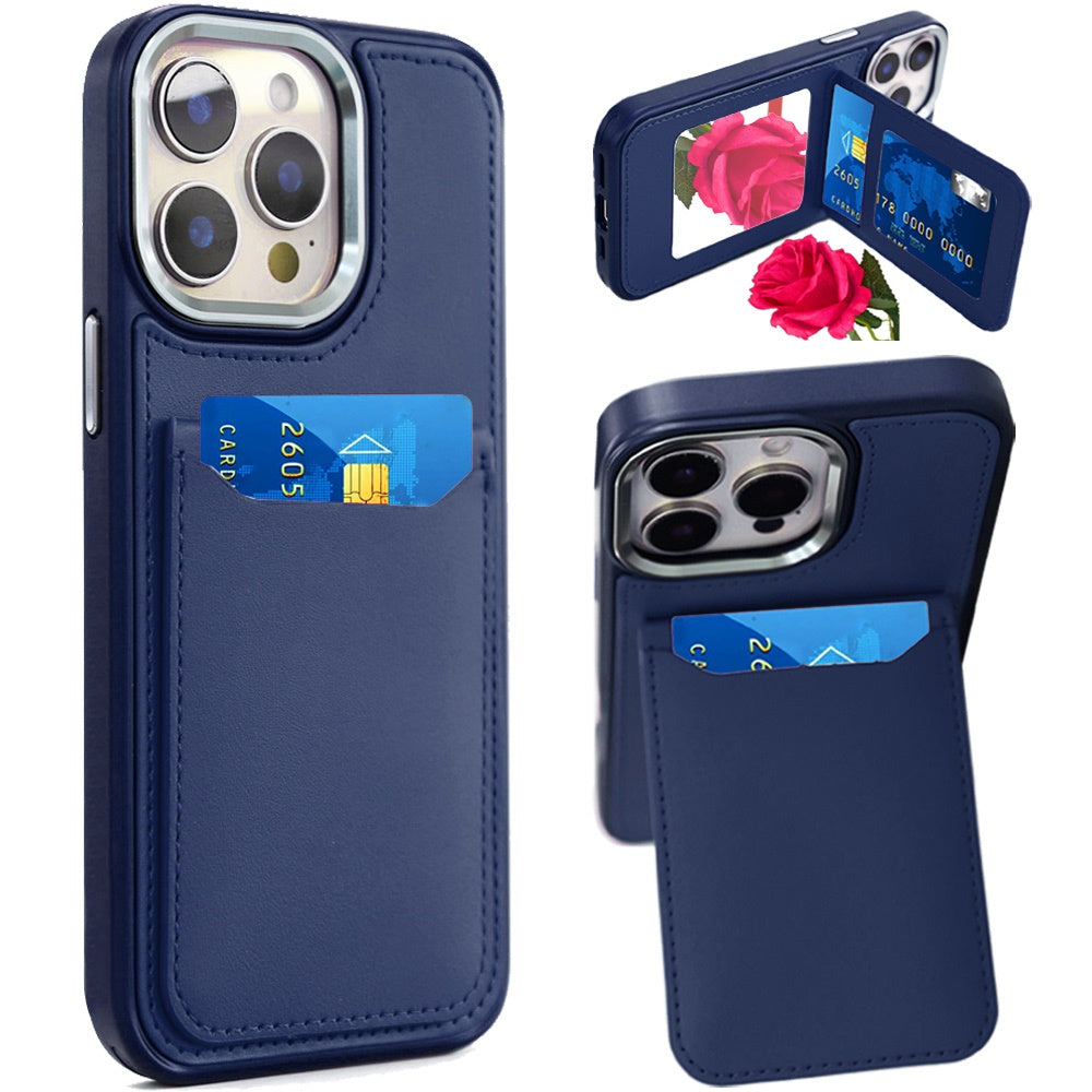 For Apple iPhone 14 Pro Max PU Leather Wallet Cover with Credit Card Holder, Kickstand & Mirror Inside Slim Fit TPU & PC Hybrid Design Case Cover
