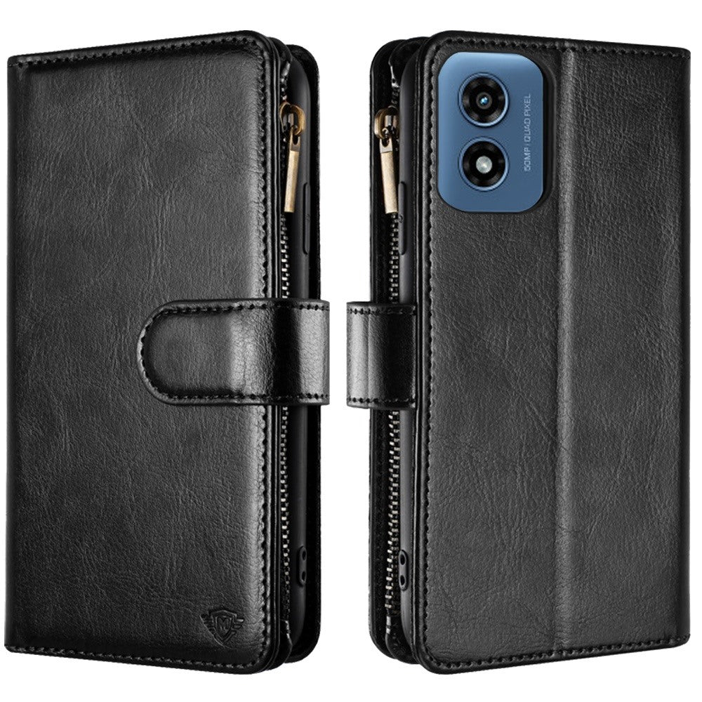 For Apple iPhone 16 Pro (6.3") Premium Leather Zipper Wallet with Credit Card Slots Money Pocket Luxury Clutch Pouch Stand & Strap Case Cover Black