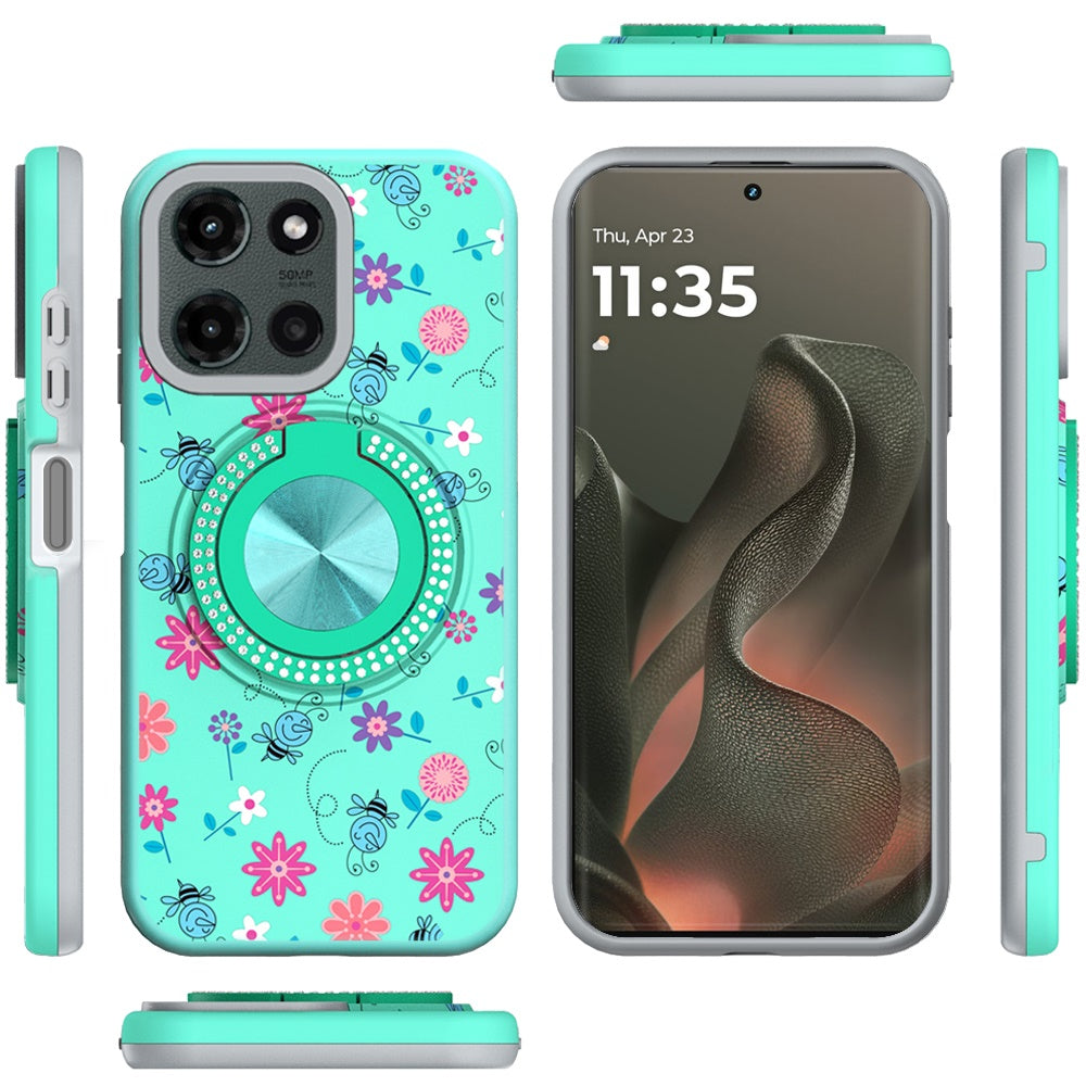 For Motorola Edge 2025 Pattern Design Hybrid with Invisible Ring Stand & Magnetic Back, Shockproof Protective Grip Case Cover