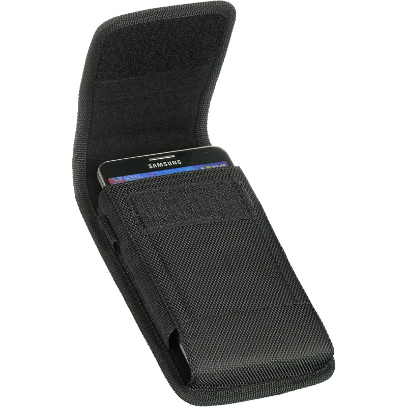 For Apple iPhone 16 (6.1") Universal Pouch Case Vertical Phone Holster Durable Nylon Cover with Belt Clip Loop, Velcro & Hook Carabiner [Black]