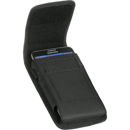 For Apple iPhone 16 (6.1") Universal Pouch Case Vertical Phone Holster Durable Nylon Cover with Belt Clip Loop, Velcro & Hook Carabiner [Black]