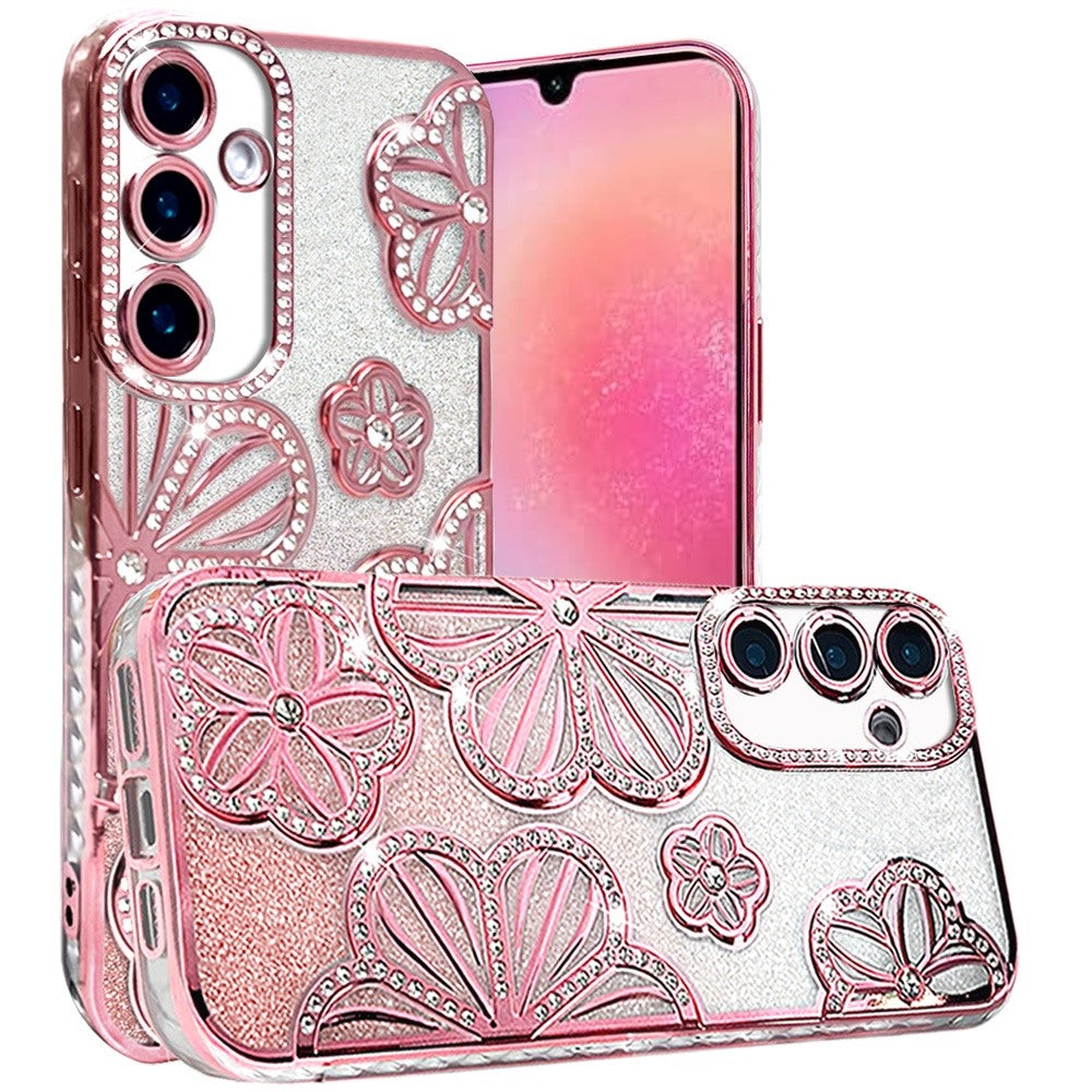 For Samsung Galaxy A26 Luxury Flower Design Sparkle Glitter Diamond Rhinestone Shimmer Bling Plating Thick TPU Hard PC Case Cover Flower Rose Gold