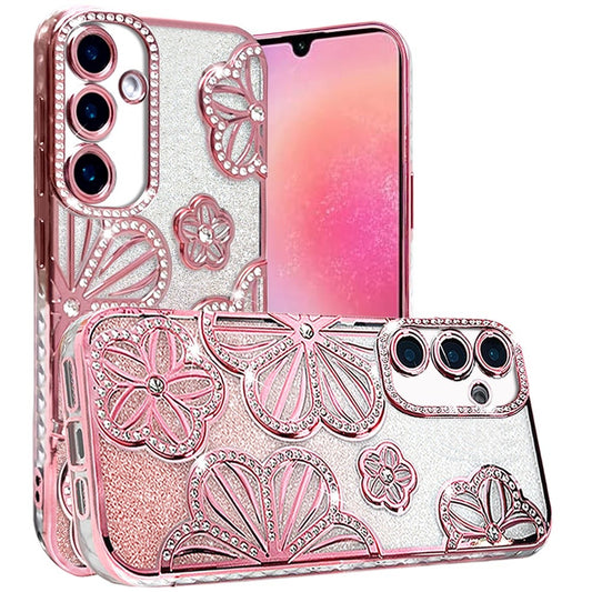 For Samsung Galaxy A26 Luxury Flower Design Sparkle Glitter Diamond Rhinestone Shimmer Bling Plating Thick TPU Hard PC Case Cover Flower Rose Gold