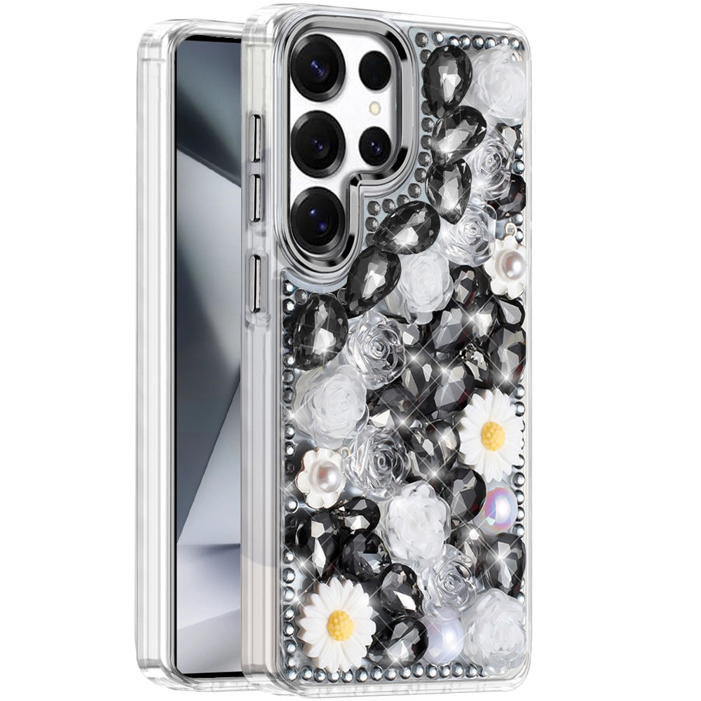 For Motorola Moto G Stylus 5G 2025 Fashion Daisy Floral Series, Full 3D Bling Crystal Diamonds Sparkling Rhinestone Glitter Hybrid Design Case Cover