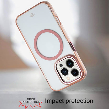 For Apple iPhone 15 Pro Transparent Back Hybrid Case - Magnetic Circle, Color Frame, Metal Buttons, MagSafe Compatible Case Cover Rose Gold