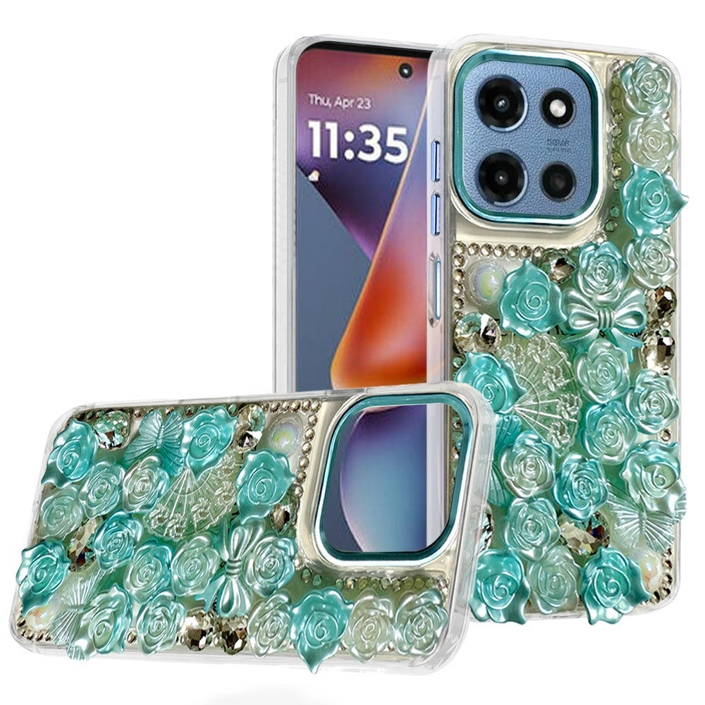 For Samsung Galaxy S25 Fan Edition /Galaxy S25 FE 3D Diamond Floral Roses Flower Bling Stone Hybrid, Sparkly Rhinestone Gemstone Back Shockproof Case Cover