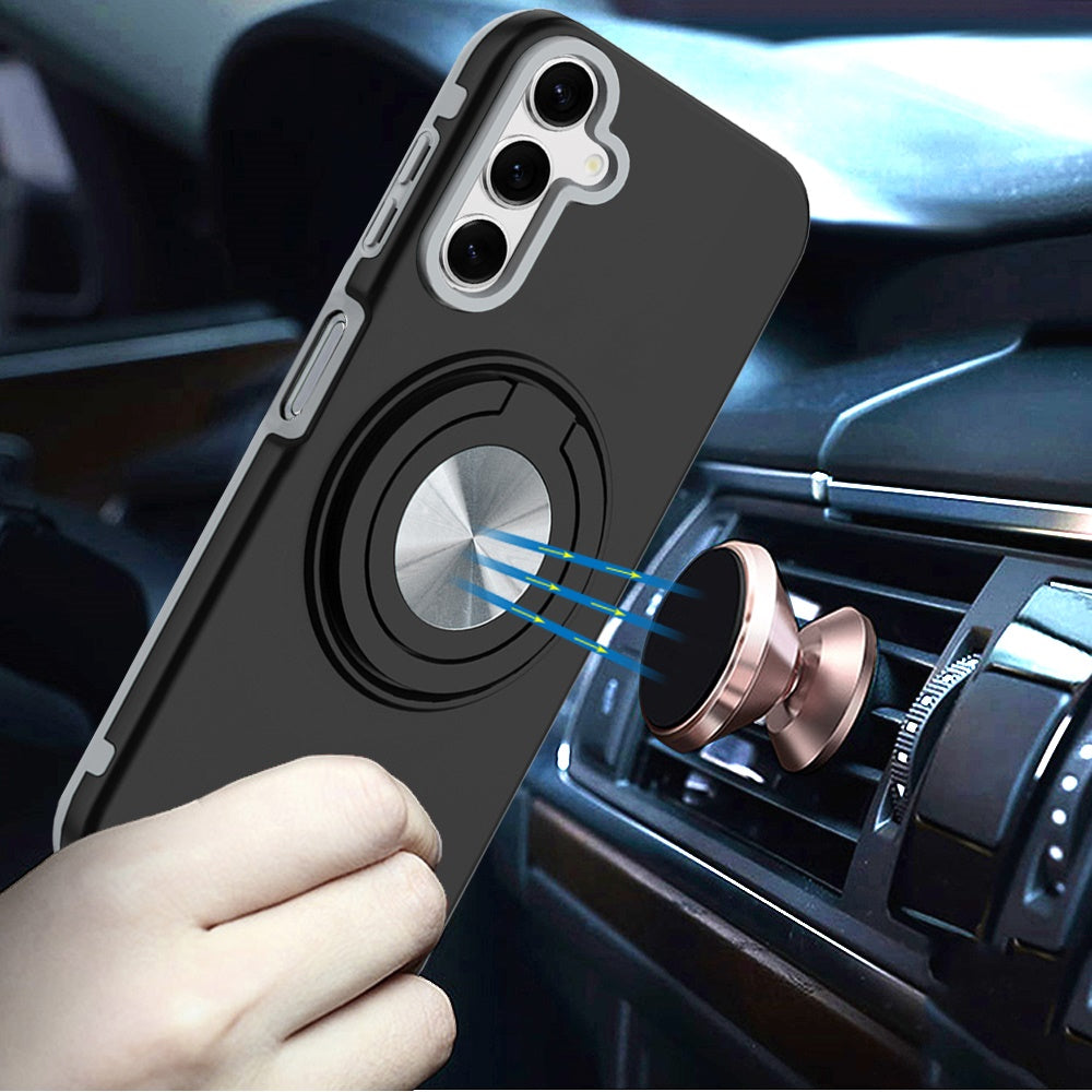 For Samsung Galaxy A17 5G Metal Matte Hybrid with Invisible Rotational Ring Stand, Car Mount Friendly, Military Grade Slim Fit Sturdy Case Cover Black