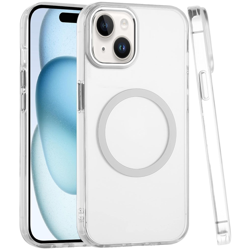 For Apple iPhone 15 Transparent Back Hybrid Case - Magnetic Circle, Color Frame, Metal Buttons, MagSafe Compatible Case Cover