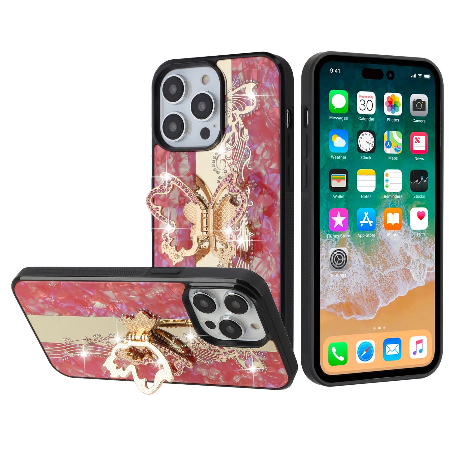 For Apple iPhone SE 4 Diamonds 3D Butterfly Bling Sparkly Glitter Ornaments Engraving Hybrid with Stand Fashion Case Cover Enchanted Butterfly Red