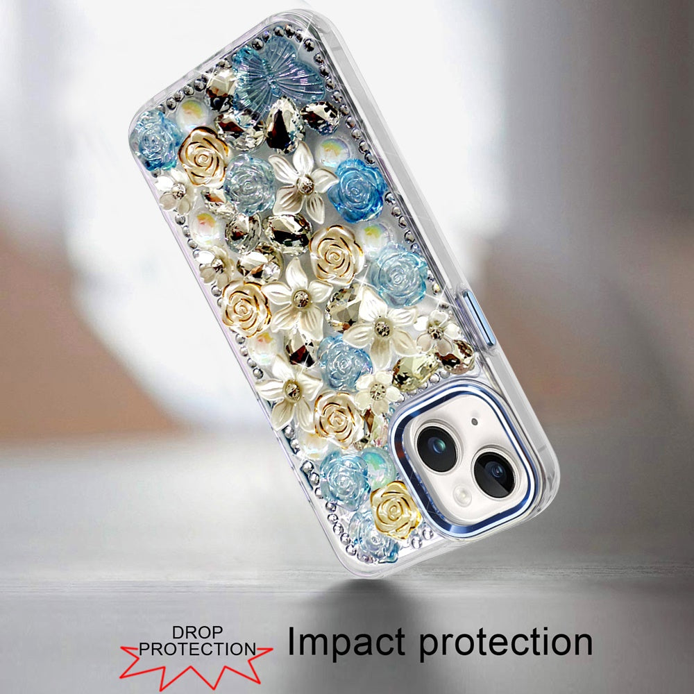 For Samsung Galaxy A17 5G 3D Diamond Floral Roses Flower Bling Stone Hybrid, Sparkly Rhinestone Gemstone Back Shockproof Case Cover