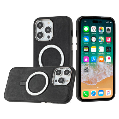 For Apple iPhone 16 (6.1") PU Vegan Leather Chrome Edged Hybrid Hard PC TPU Rubber Compatible with MagSafe Case Cover