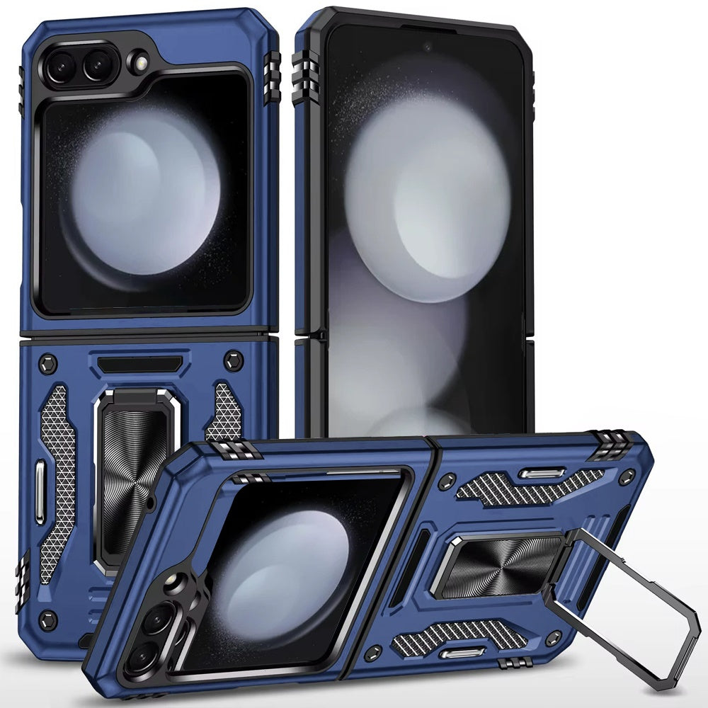 For Samsung Galaxy Z Flip 7 FE Tough Hybrid Case with Movable Camera Window & Metal Ring Stand Shockproof Case Cover Blue