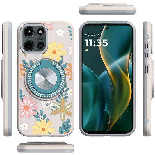 For Samsung Galaxy A16 Pattern Design Hybrid with Invisible Ring Stand & Magnetic Back, Shockproof Protective Grip Case Cover Summer Blossom Flowers