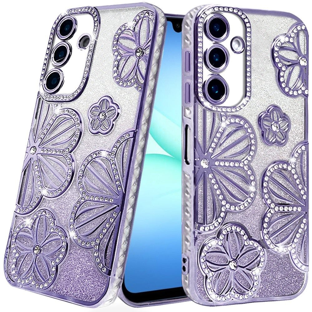 For Samsung Galaxy A17 5G Luxury Flower Design Sparkle Glitter Diamond Rhinestone Shimmer Bling Plating Thick TPU Hard PC Case Cover