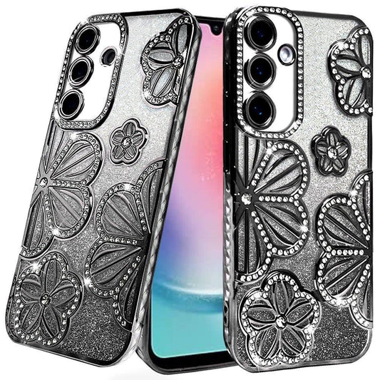 For Samsung Galaxy A26 Luxury Flower Design Sparkle Glitter Diamond Rhinestone Shimmer Bling Plating Thick TPU Hard PC Case Cover