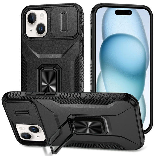 For Apple iPhone 15 (6.1") Camera Cover Phone Case with Magnetic Rotation Ring Stand [Military Grade] Hybrid Hard TPU Shockproof Case Cover Black