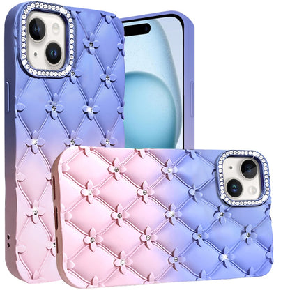 For Apple iPhone 16 (6.1") Fashion Flower Design Sparkle Glitter Shimmer Rhinestone Bling Leather Feel Thick TPU Rubber Hard PC Case Cover