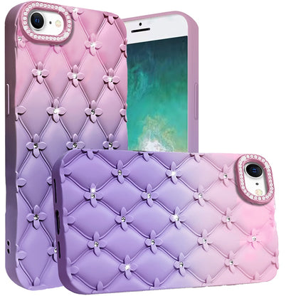 For Apple iPhone SE 4 Fashion Flower Design Sparkle Glitter Shimmer Rhinestone Bling Floral Accents, Leather Texture TPU Case Cover