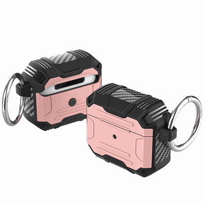 For Apple Airpods 4 Rugged ShockProof Hybrid With Metal Hook Carabiner Heavy Duty Armor Carbon Fiber PC Case Cover