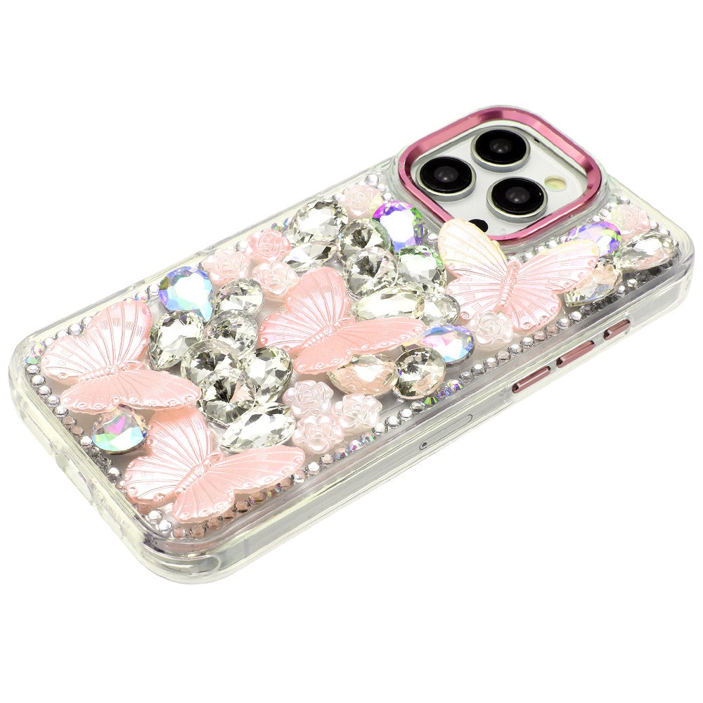 For Apple iPhone 16 Pro Max 3D Diamond Floral Butterfly Bling Stone Hybrid, Sparkly Rhinestone Gemstone Back Shockproof Case Cover