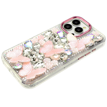 For Apple iPhone 16 Pro Max 3D Diamond Floral Butterfly Bling Stone Hybrid, Sparkly Rhinestone Gemstone Back Shockproof Case Cover