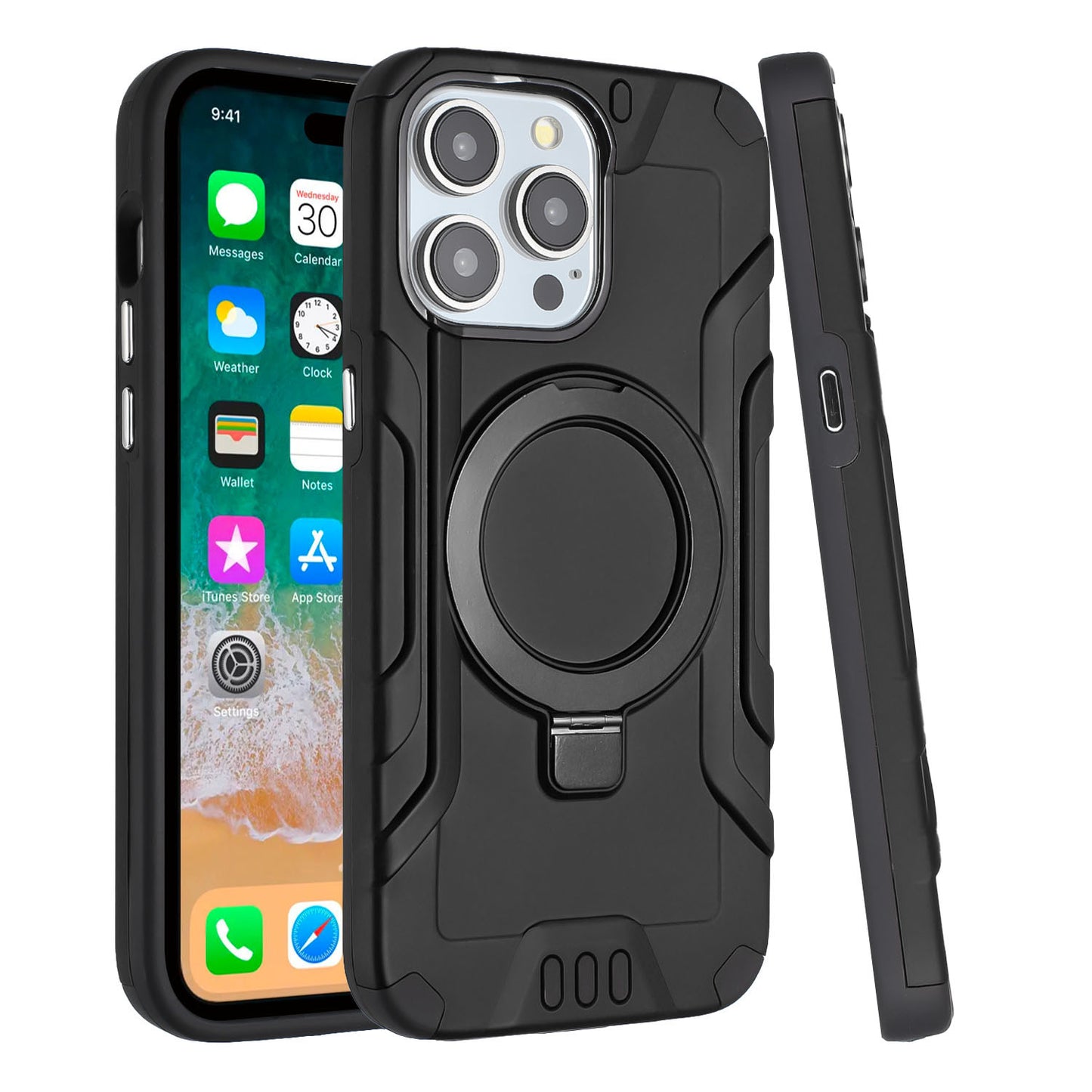 For Apple iPhone 15 /6.1" Brushed Armor Rugged Hybrid with Invisible Magnetic Circle Kickstand Shockproof Hard PC Protective Case Cover -