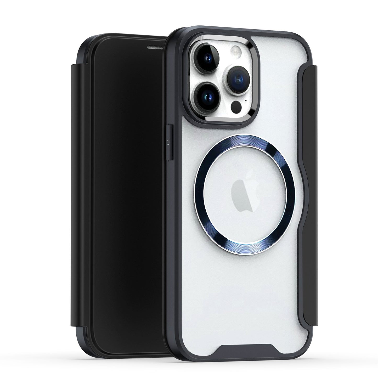 For Apple iPhone 16 Pro (6.3") Flap Wallet Case Credit Card Slot, Clear TPU Back Hard [Magnetic Circle] Compatible with Magsafe Case Cover Black